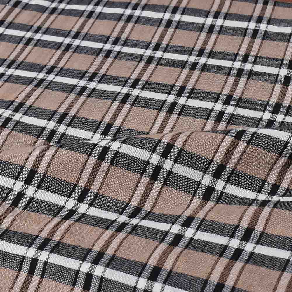 CHECK WHITE BROWN AND BLACK KHADI COTTON 100 GSM HANDWOVEN FABRIC
