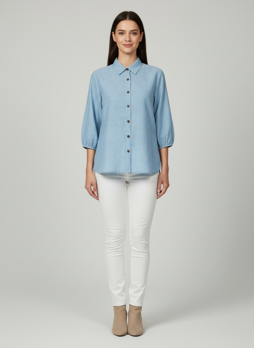 Spread Collared Shirt With Center Buttoned Placket- Balloon Sleeves
