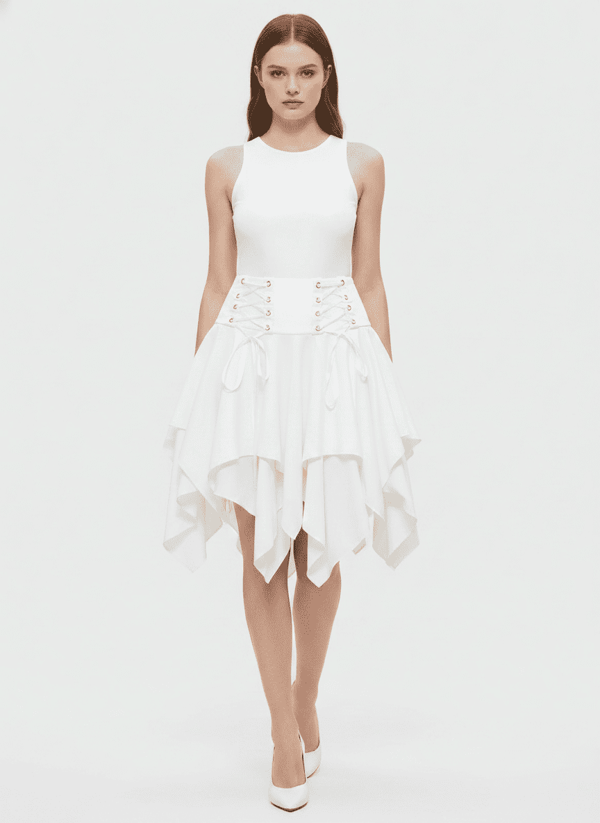 Asymmetric Hem Ribbon Tied Skirt