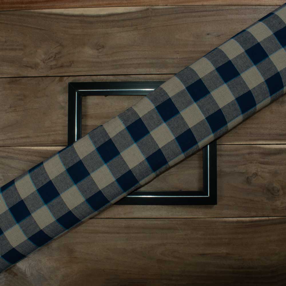 Check Navy Cream Pure Cotton 170 GSM Handwoven Fabric