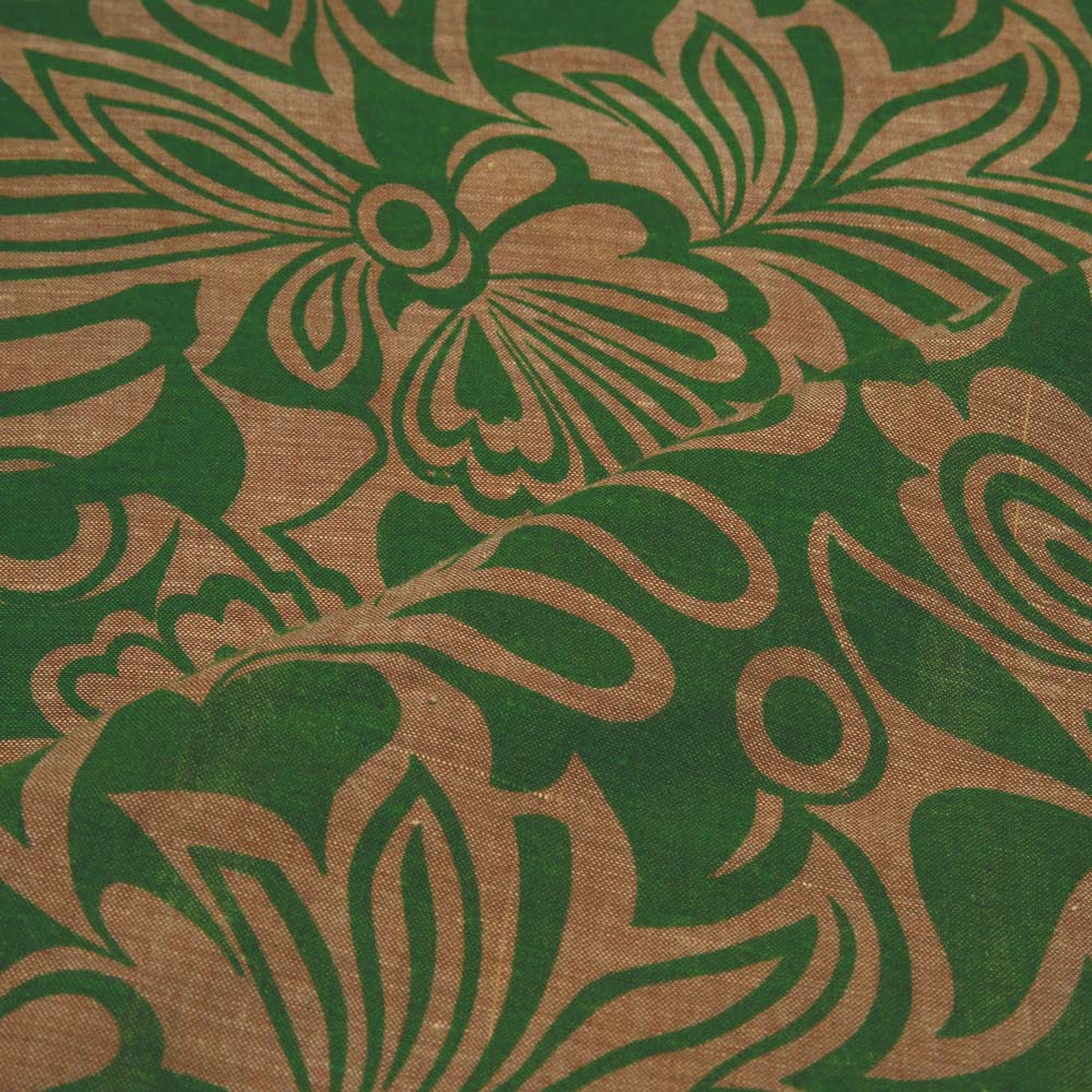 FLORAL GREEN & BROWN SCREENPRINTED COTTON KHADI 84 GSM HANDWOVEN FABRIC
