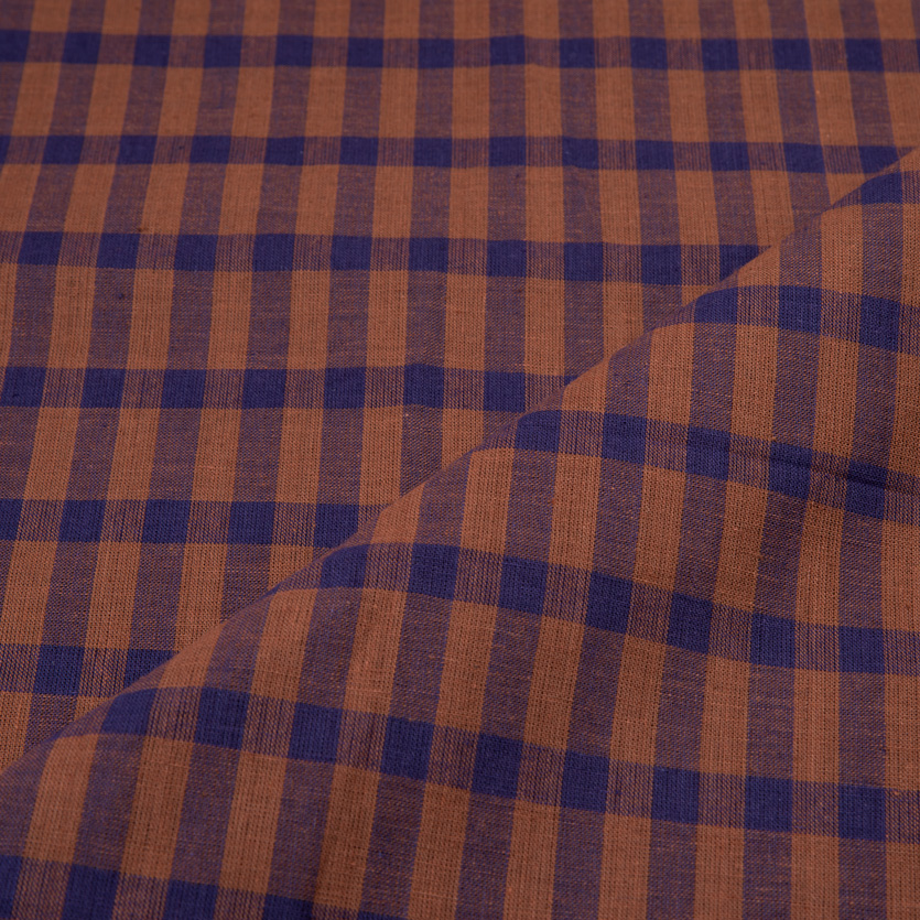 CHECK BLUE & BROWN PURE COTTON 98 GSM HANDWOVEN FABRIC