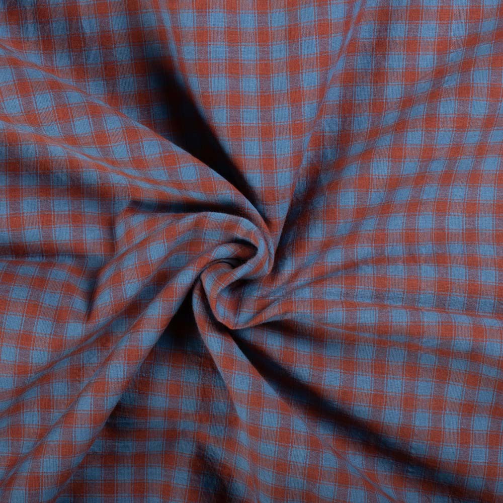 Sky Blue Base Brown Check Pure Cotton 65 GSM Handwoven Fabric