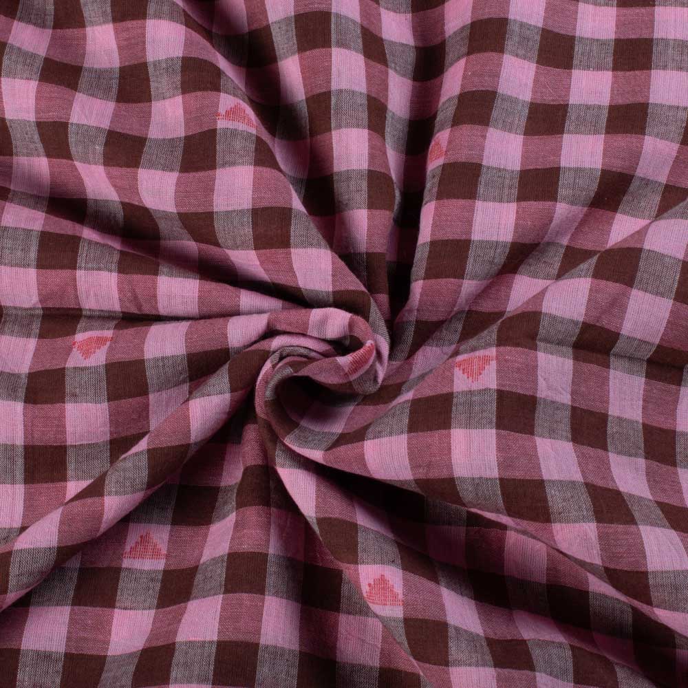 Pink & Chocolate Check Pure Cotton Red Jamdani 55 GSM Handwoven Fabric