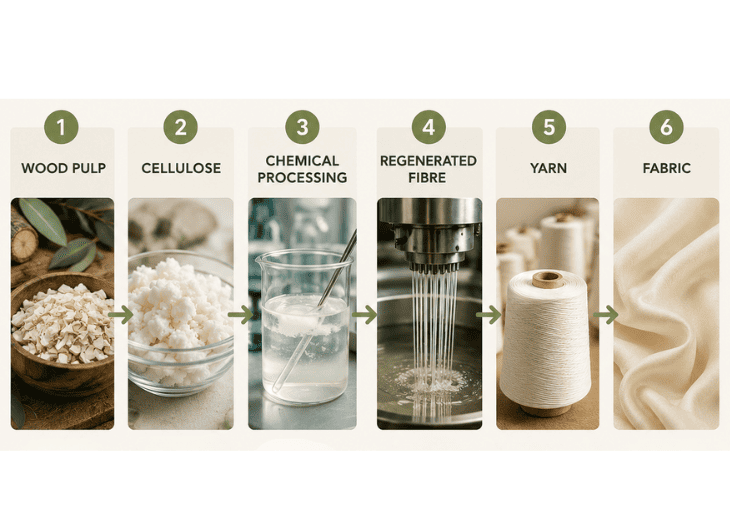 Viscose rayon production process showing six stages from wood pulp and cellulose through chemical processing, regenerated fibre, yarn, and finished fabric.