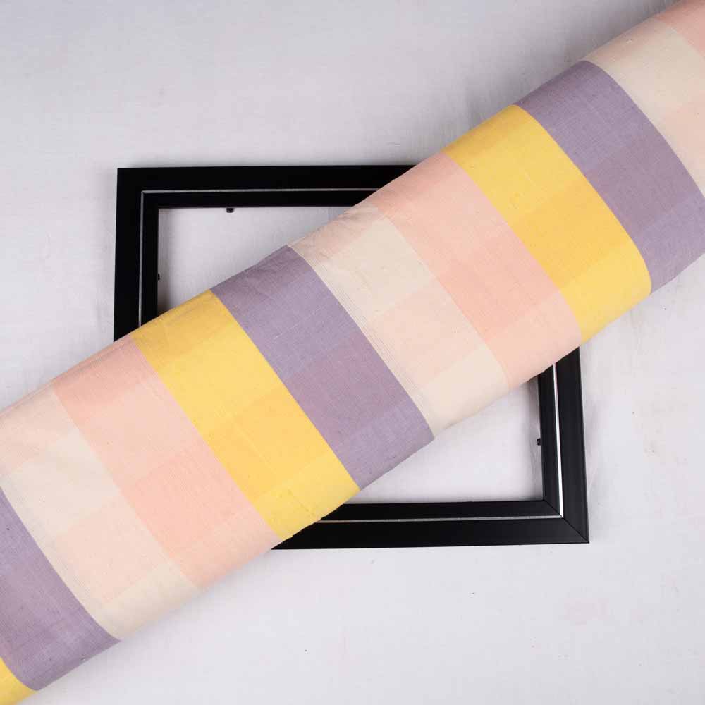 Check Peach Purple & Yellow Cotton 130 GSM Handwoven Fabric