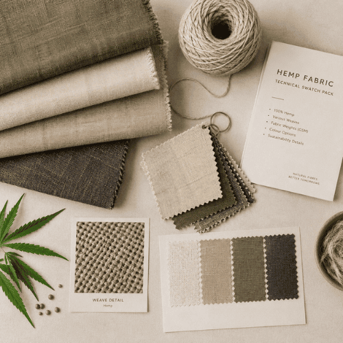 Premium flat-lay of hemp fabric swatches, yarn, weave details and a technical swatch pack.