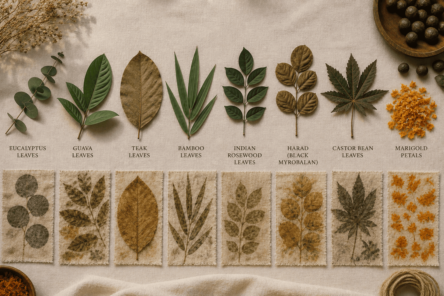 Best leaves for eco printing displayed alongside handcrafted eco print fabric samples, showcasing unique botanical impressions on natural textiles.