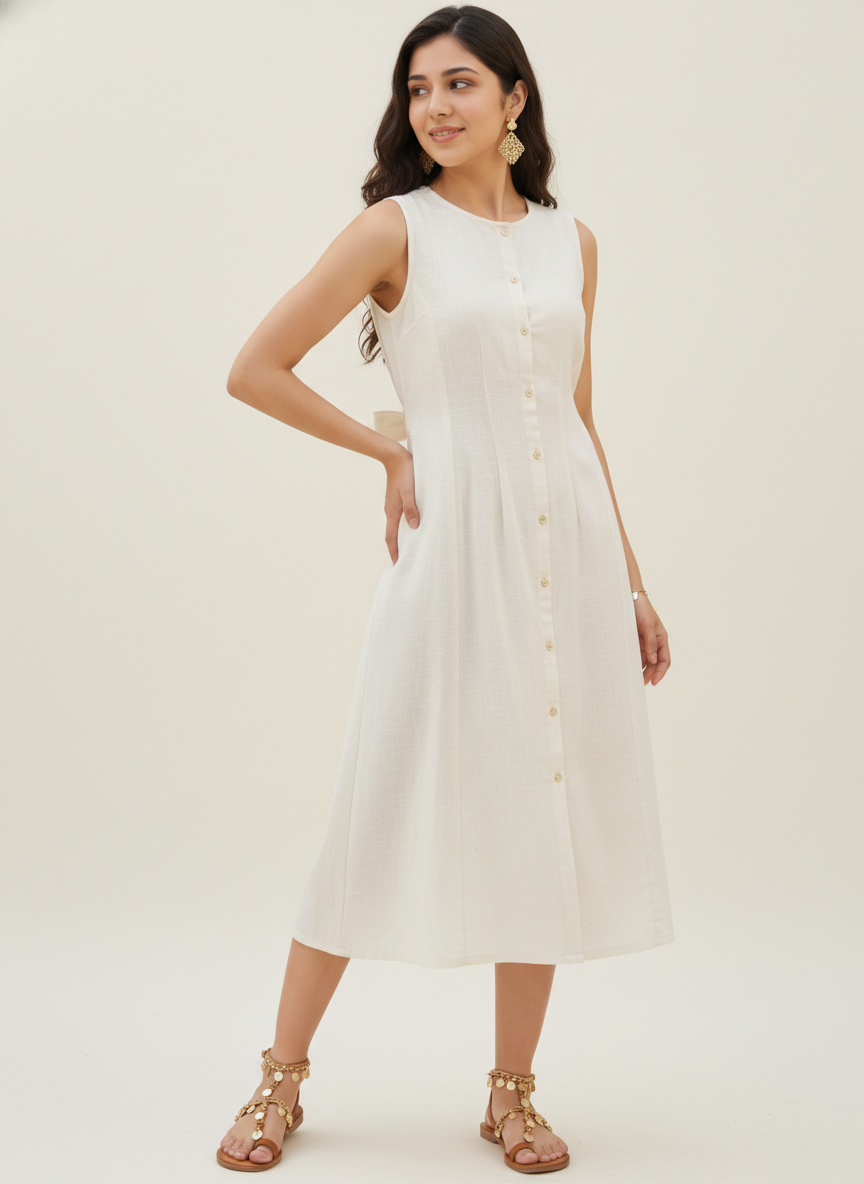 Buttons & Dart Midi Dress