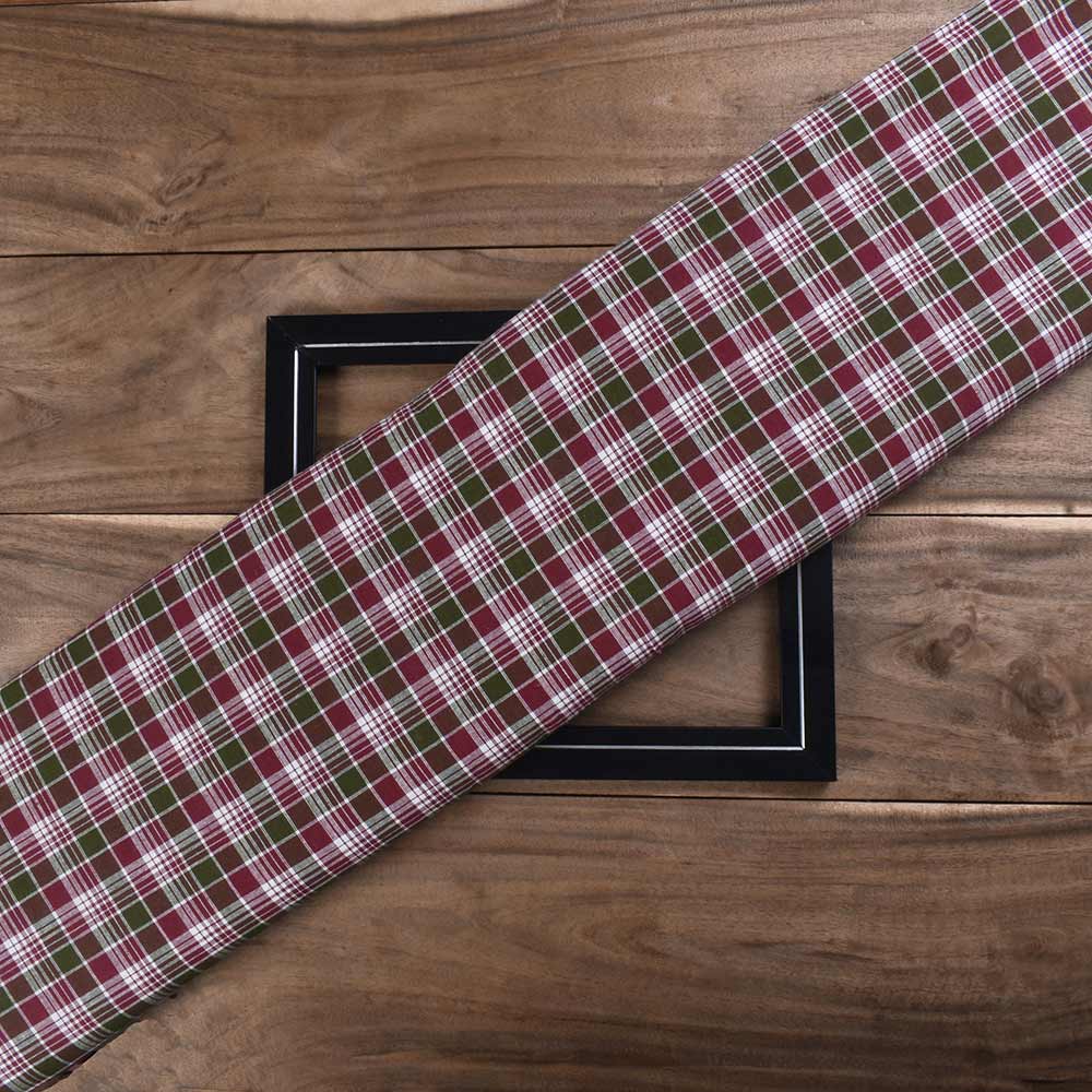 Check Maroon & Olive Pure Cotton 98 GSM Handwoven Fabric