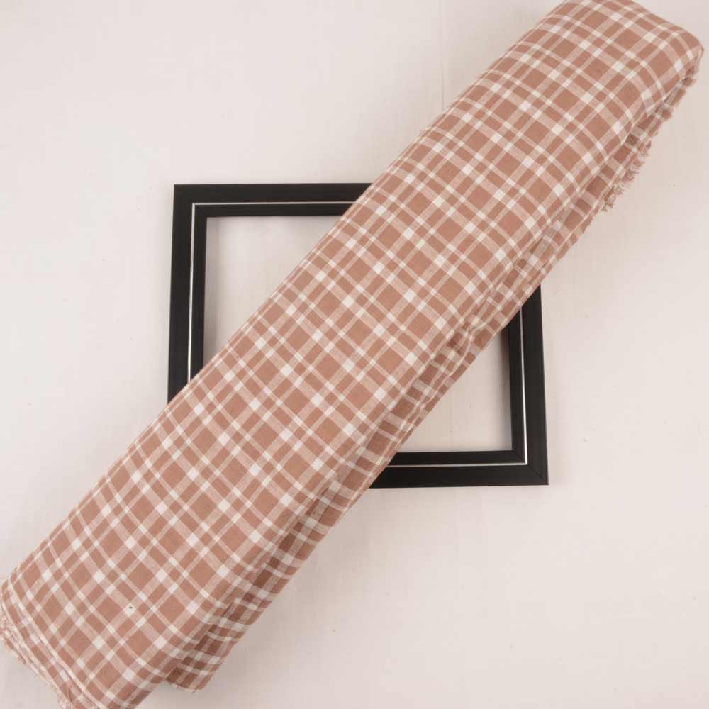 Check Brown White Pure Cotton 96 GSM Handwoven Fabric