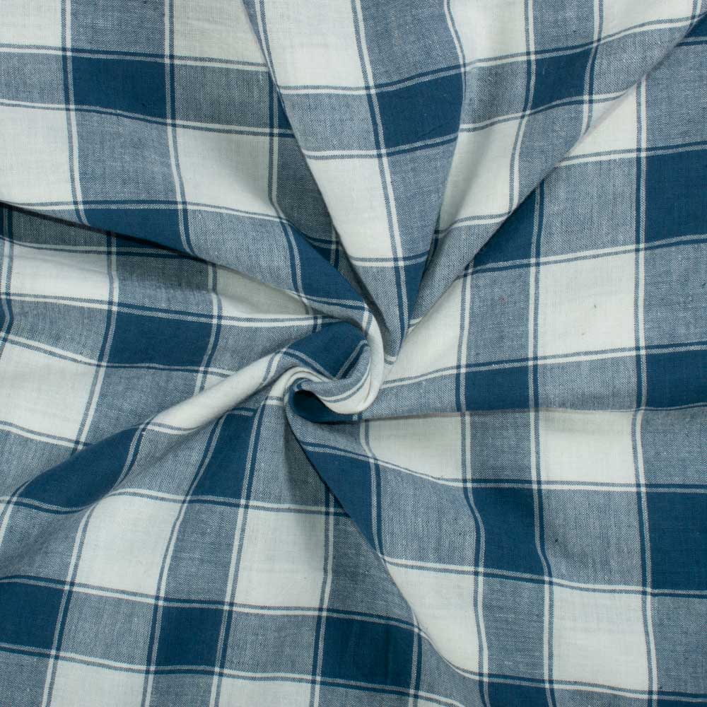 Check White and Blue Pure Cotton 105 GSM Handwoven Fabric