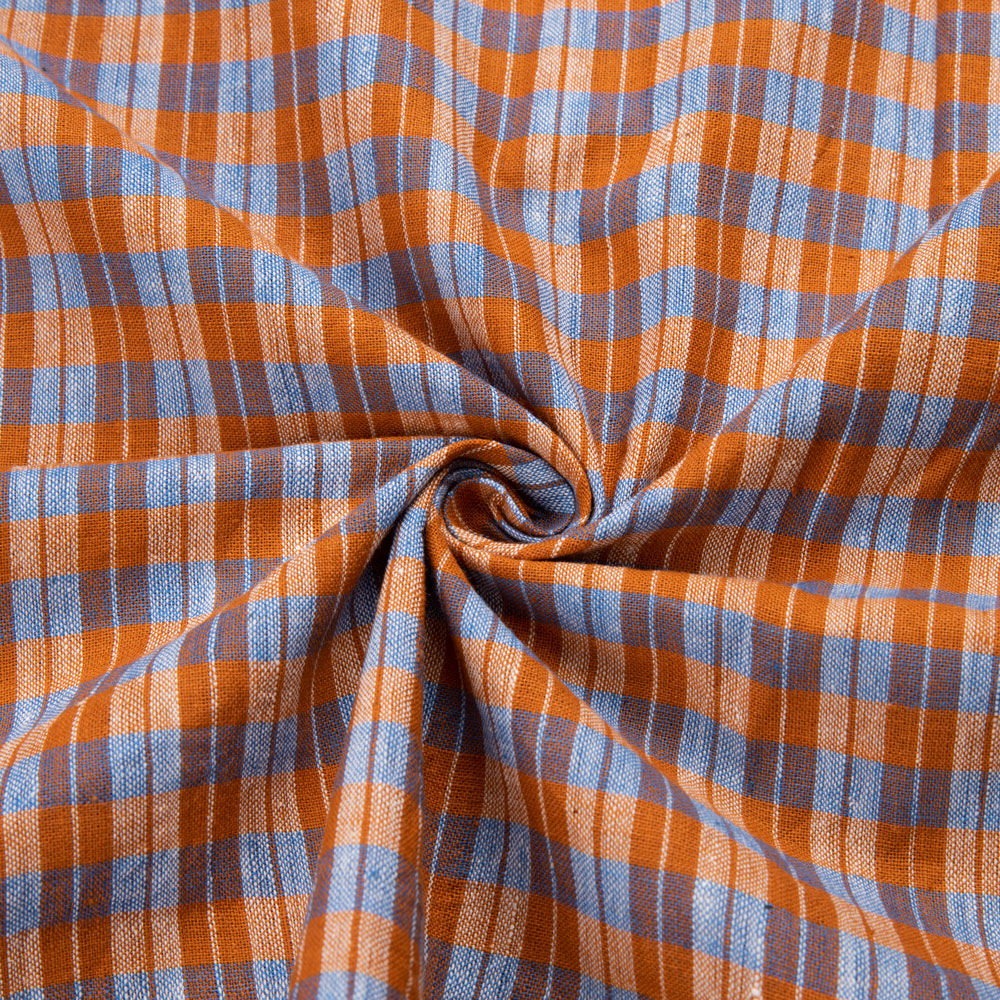 Check Orange & Blue Pure Cotton 92 GSM Handwoven Fabric 260