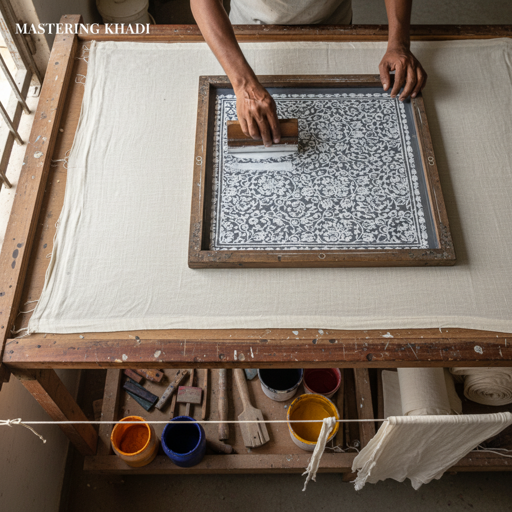 Professional manual screen printing setup for khadi textile manufacturing with eco-friendly inks