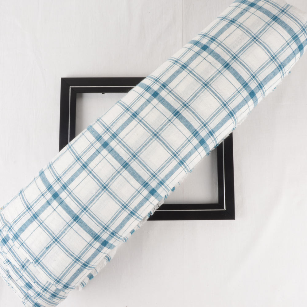 Check Blue & White Pure Khadi Fabric - 118 GSM Handspun & Handwoven
