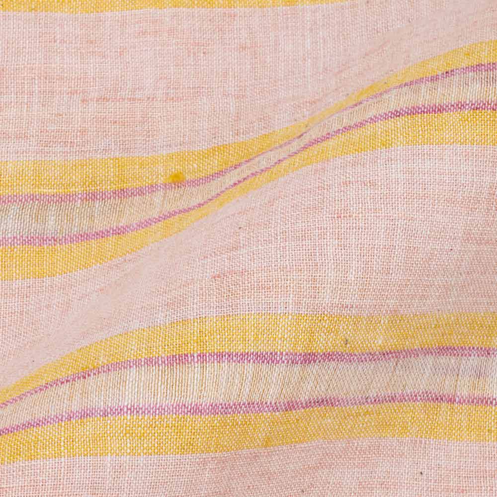 Stripe Peach & Golden Zari Pure Linen 102 GSM Handwoven Fabric