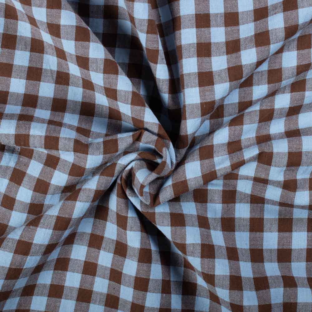 Dark Brown & Sky Blue Check Pure Cotton 110 GSM Handwoven Fabric