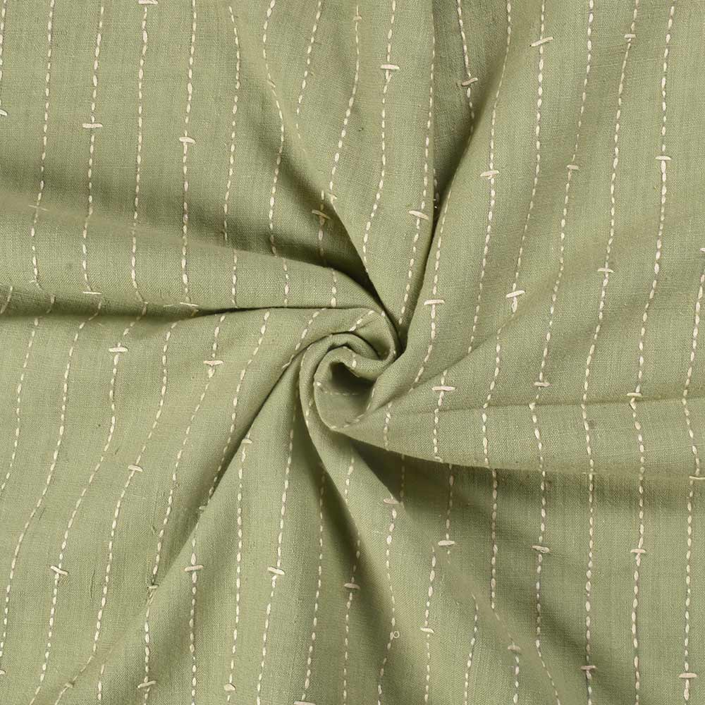 Stripe Green Kantha Embroidered Pure Khadi 140 GSM Handwoven Fabric