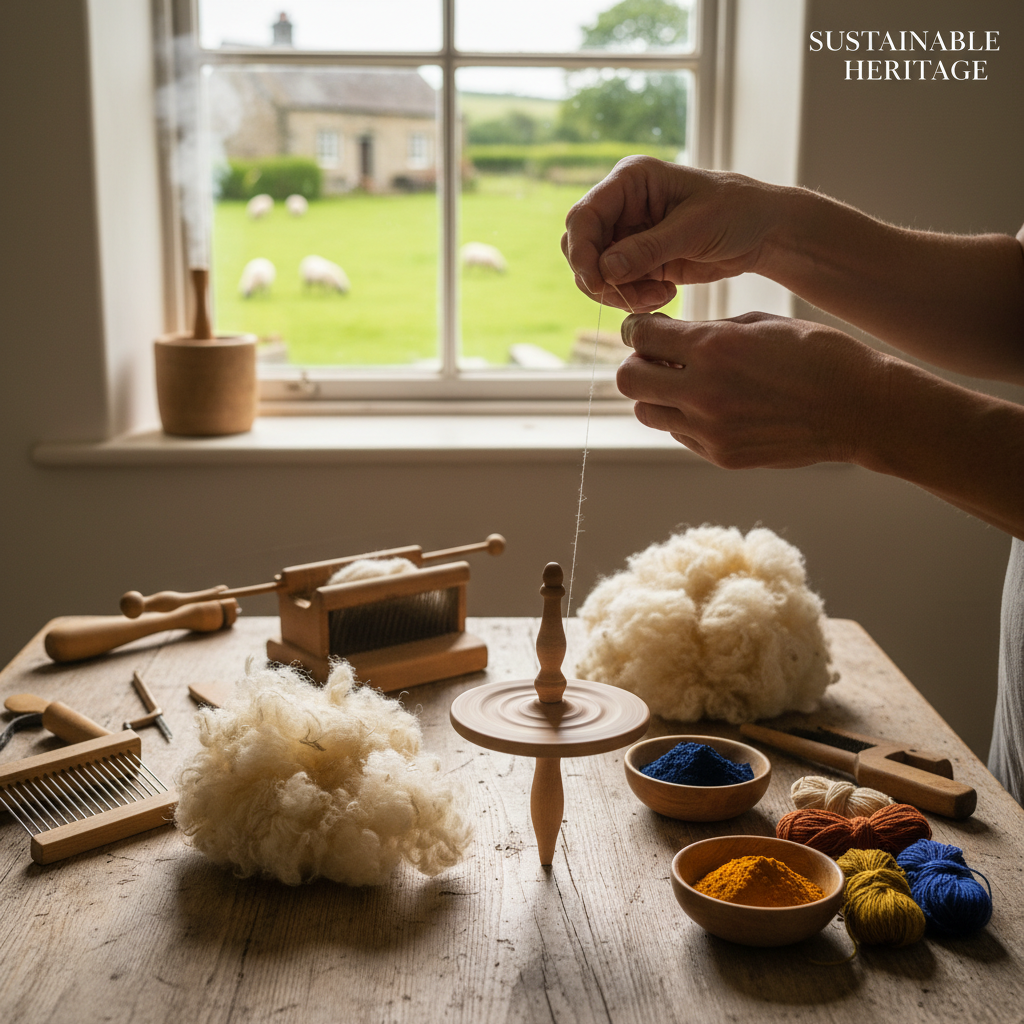 Traditional charkha spinning process used in zero-energy organic khadi production