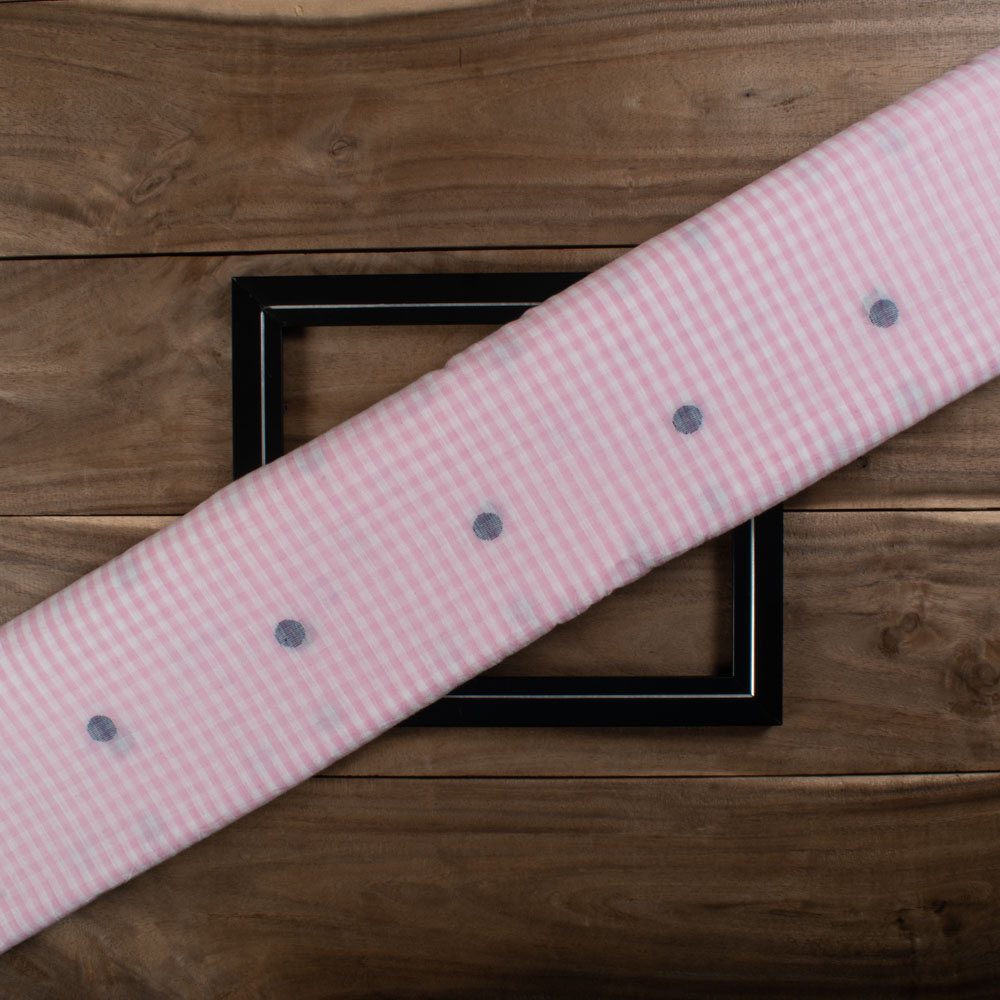 Pink Base White Check Jamdani Pure Cotton 60 GSM Handwoven Fabric