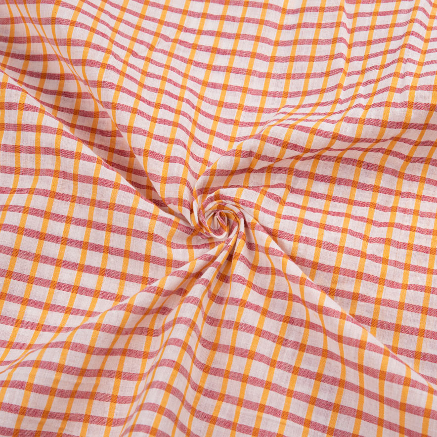 Check White Orange & Red Pure Cotton 70 GSM Handwoven Fabric