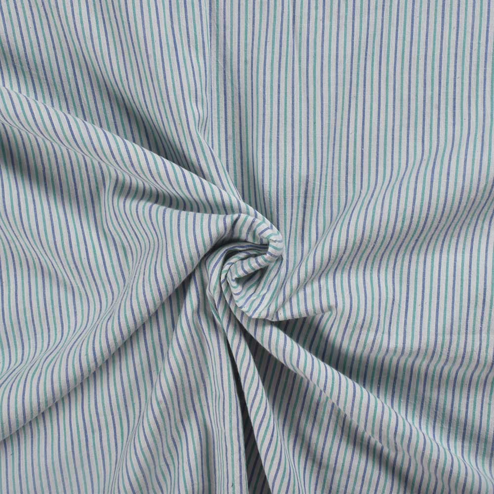Stripe Blue Green & White Pure Cotton 88 GSM Handwoven Fabric
