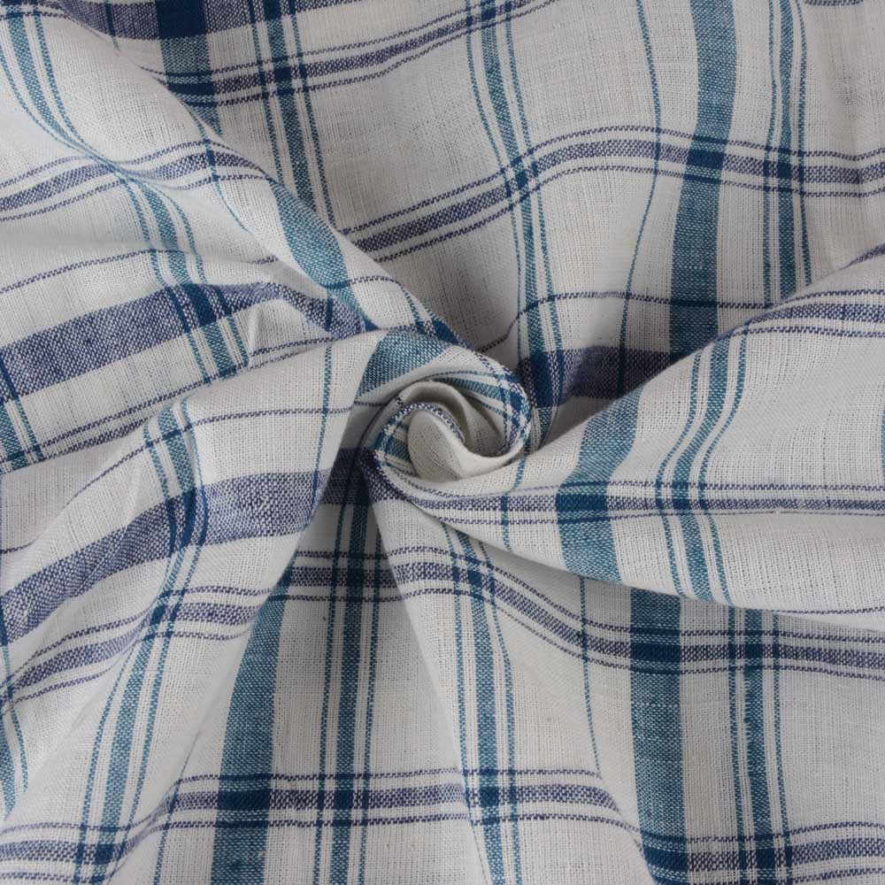 Check Blue Teal & White Khadi Fabric - 112 GSM Handspun & Handwoven
