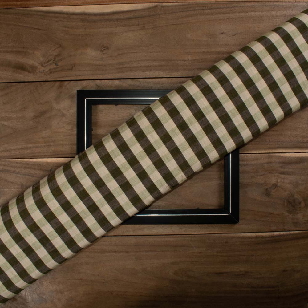 Check Beige Black Olive Pure Cotton 100 GSM Handwoven Fabric 740