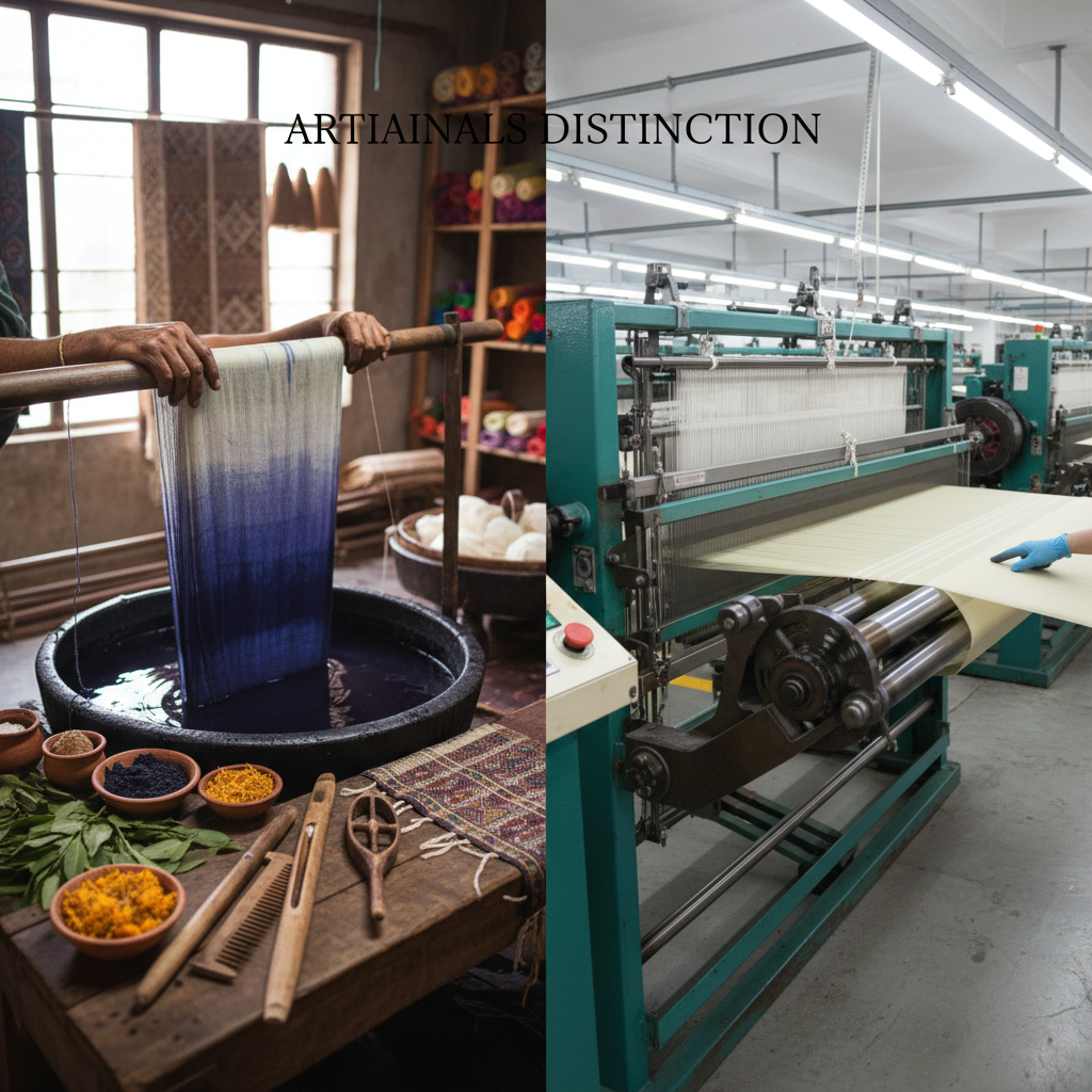 Comparison between handwoven silk fabric and power-loom silk showing texture, variation, and finish differences