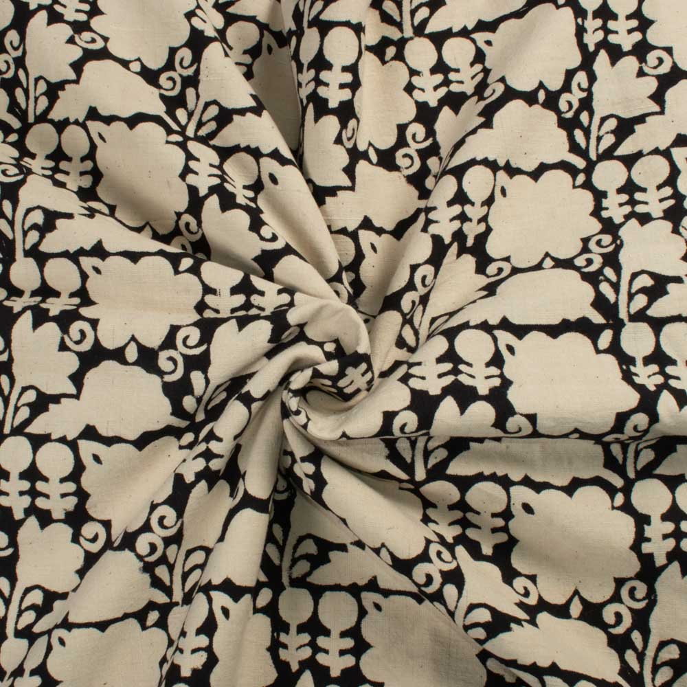 Abstract Black Creme Block Ajrakh Print Pure Khadi Natural Dye 107 GSM Fabric