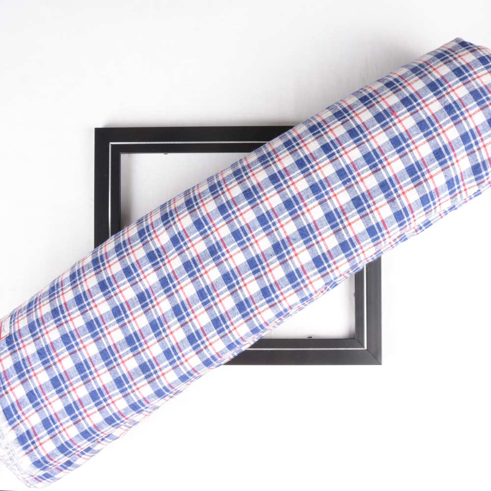 Check Blue White & Red Khadi Fabric - 124 GSM Handspun & Handwoven