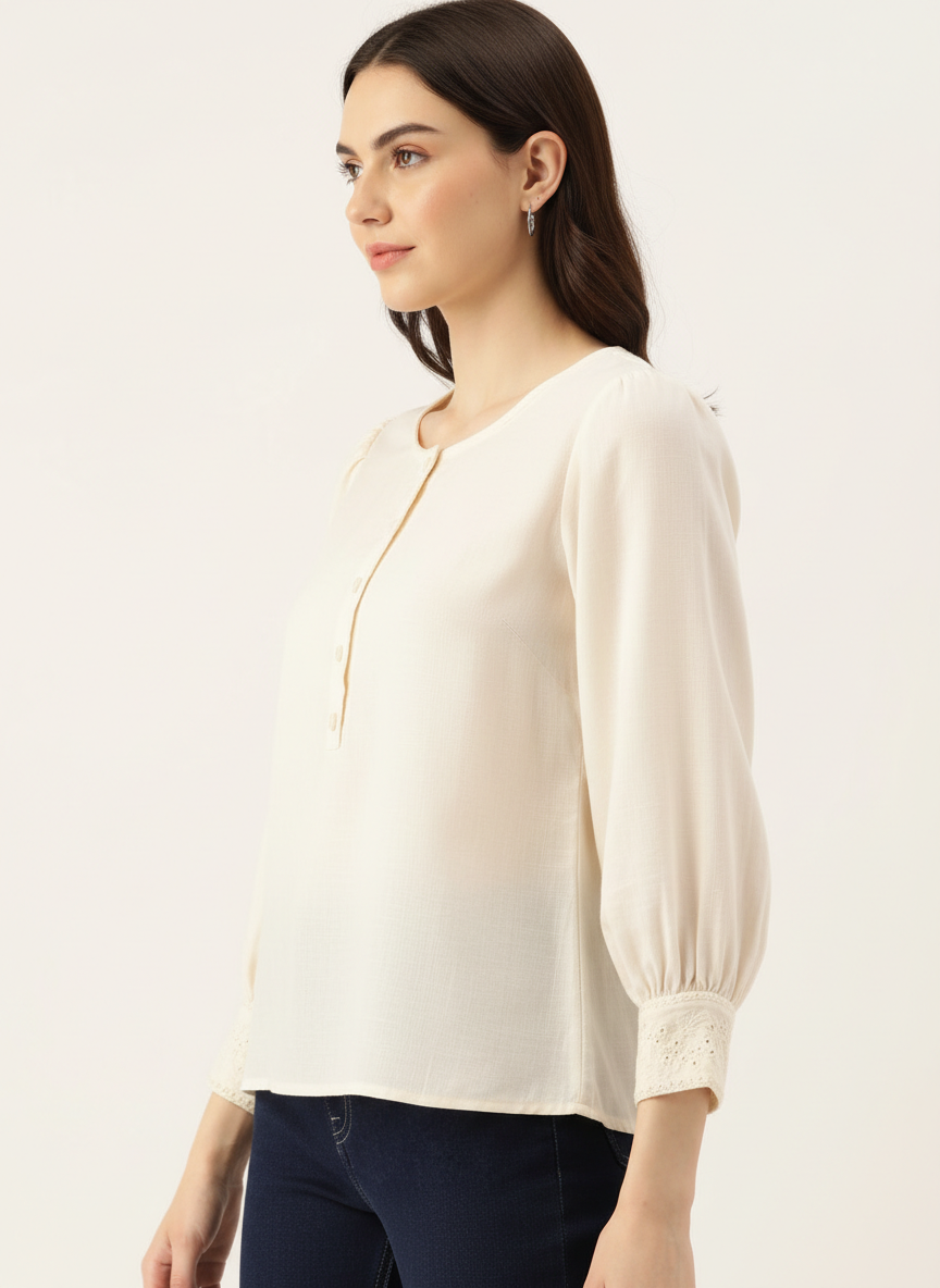Quarter Buttoned Cuffed & Gathered Sleeves Top