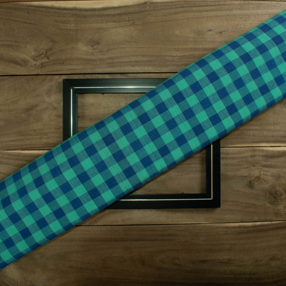 Check Sea Green and Blue Pure Cotton 105 GSM Handwoven Fabric
