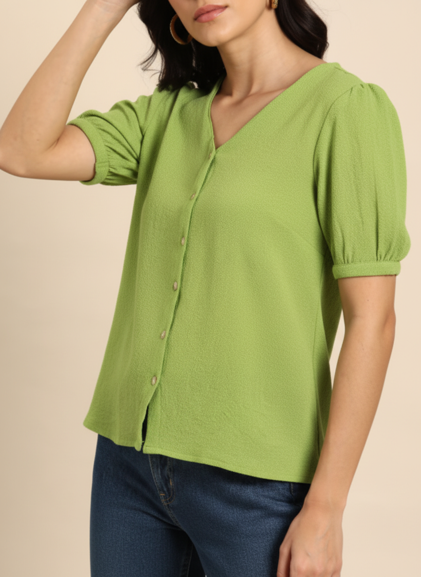 Basic Buttoned Top With Gathered Sleeves