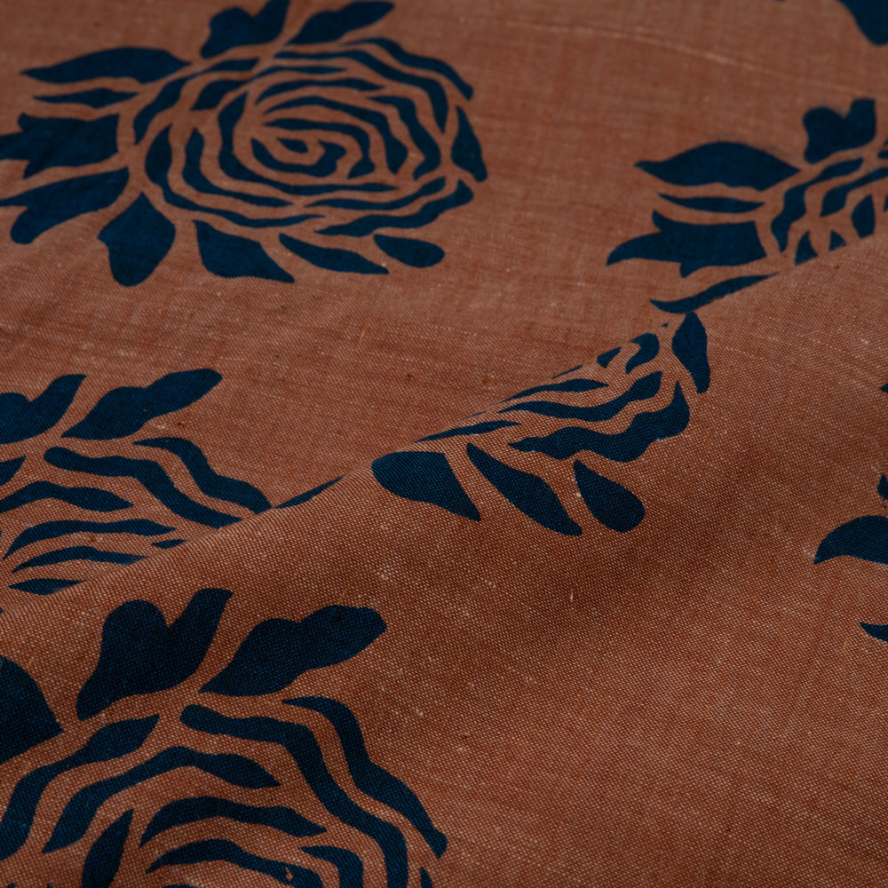 ROSE BROWN & BLUE SCREENPRINTED COTTON KHADI 88 GSM HANDWOVEN FABRIC
