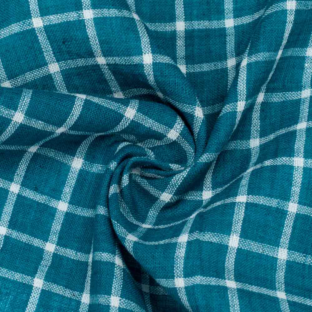Check Teal Pure Cotton 60 GSM Handwoven Fabric