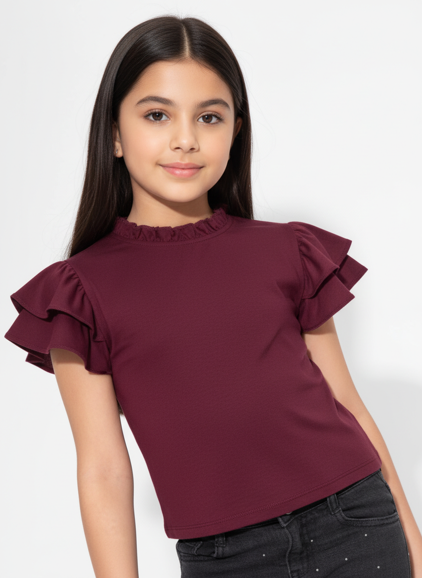 Ruffled Sleeve Basic Girl's Top