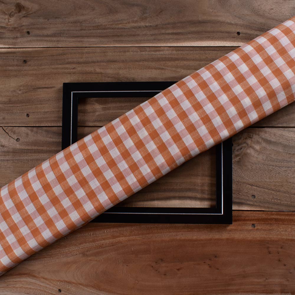 Check Orange & Pink Pure Cotton 72 GSM Handwoven Fabric