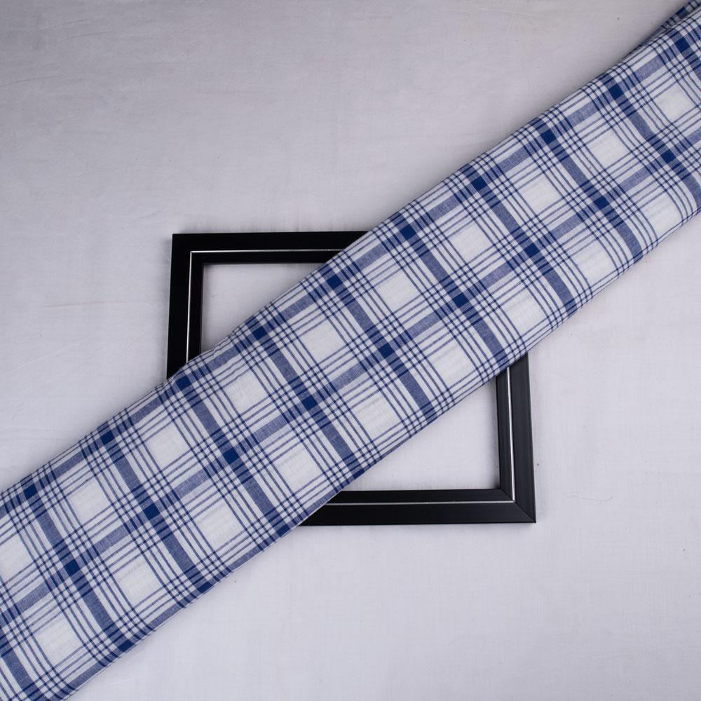 Check Blue & White Pure Cotton 88 GSM Handwoven Fabric