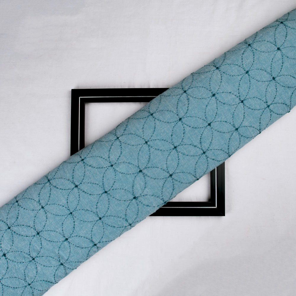 Geometrc Blue Kantha Embroidered Khadi Cotton 152 GSM Handwoven Fabric