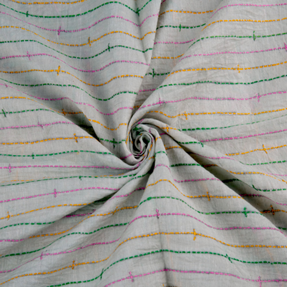 Stripe White Kantha Embroidered Khadi Cotton 115 GSM Handwoven Fabric