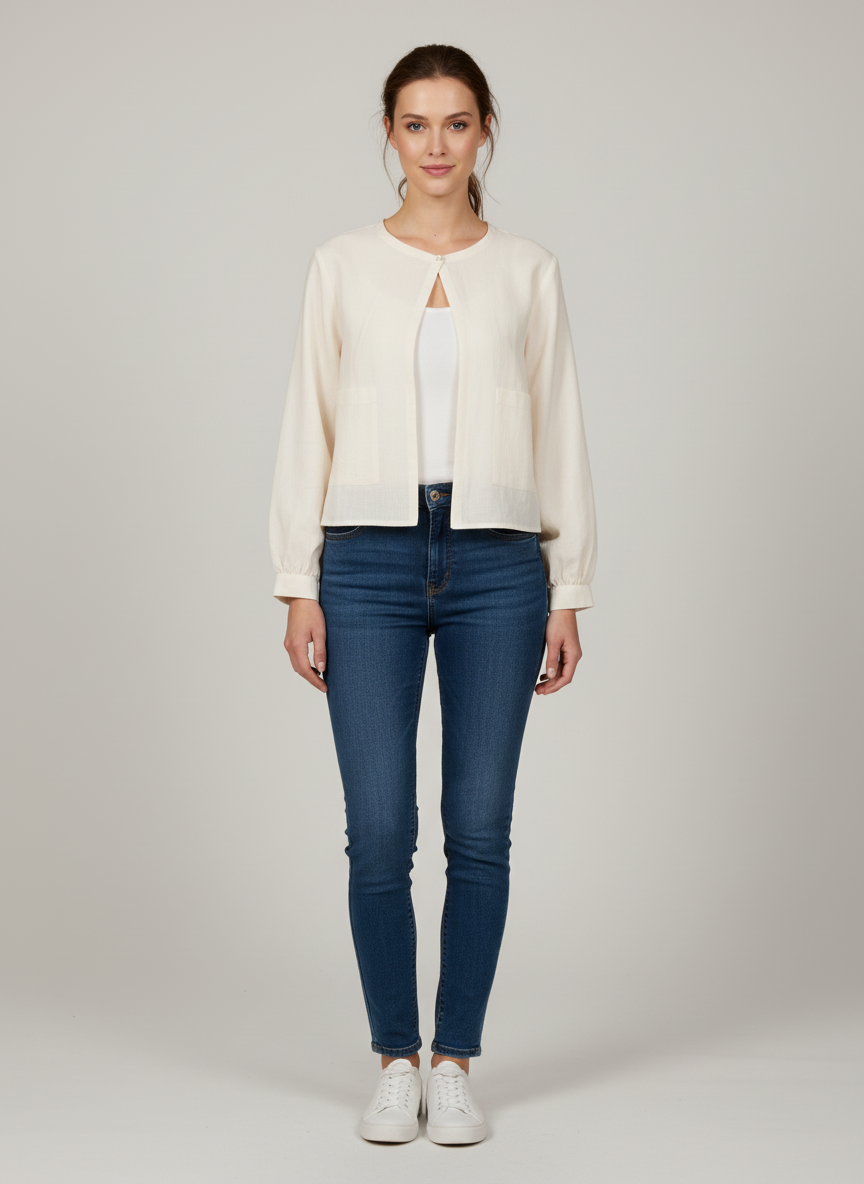 Crop Jacket With Center Opening - Long Puff Sleeves