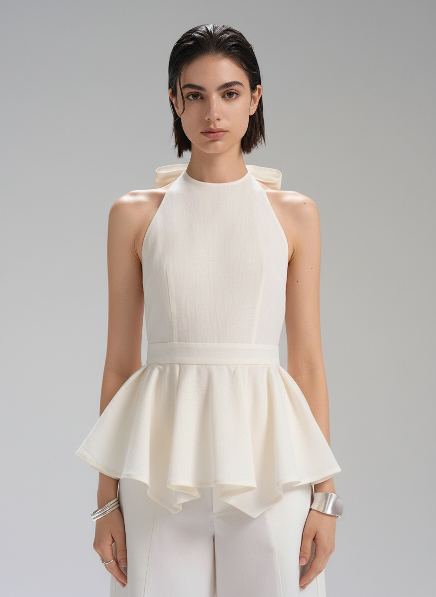 Peplum Gathers With Halter Neck Tie Top