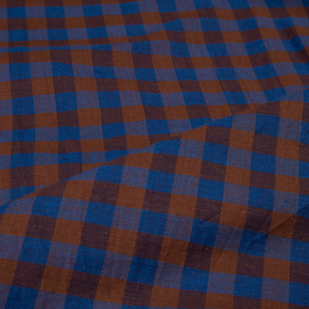 CHECK BLUE & BROWN PURE COTTON 92 GSM HANDWOVEN FABRIC