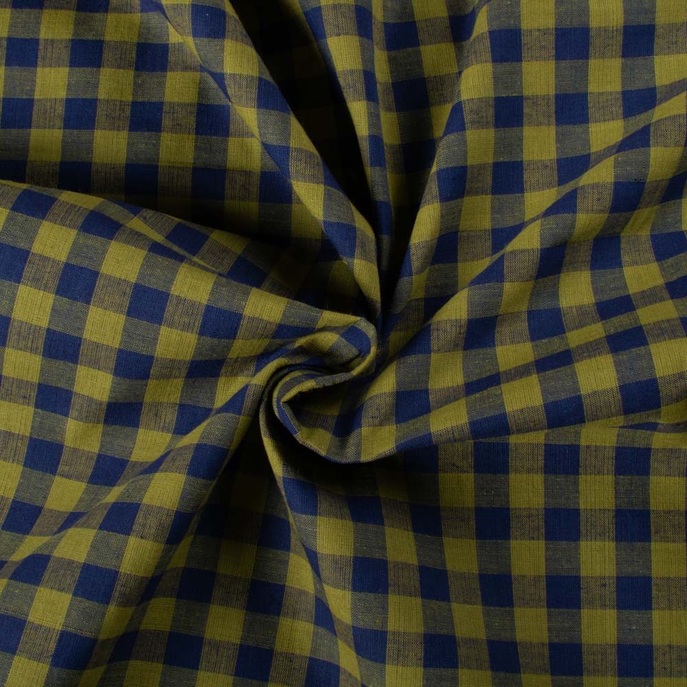 Check Blue & Olive Pure Cotton 75 GSM Handwoven Fabric