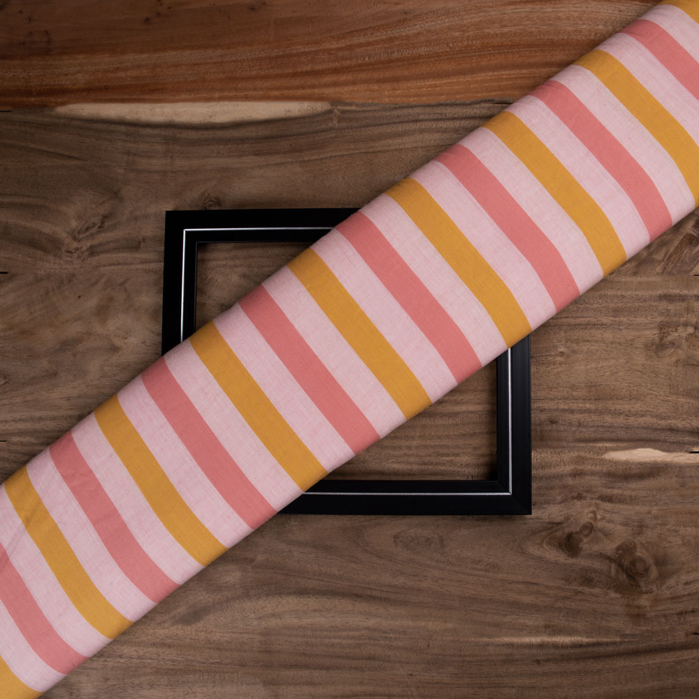 Stripe Orange & Pink Pure Cotton 92 GSM Handwoven Fabric 203