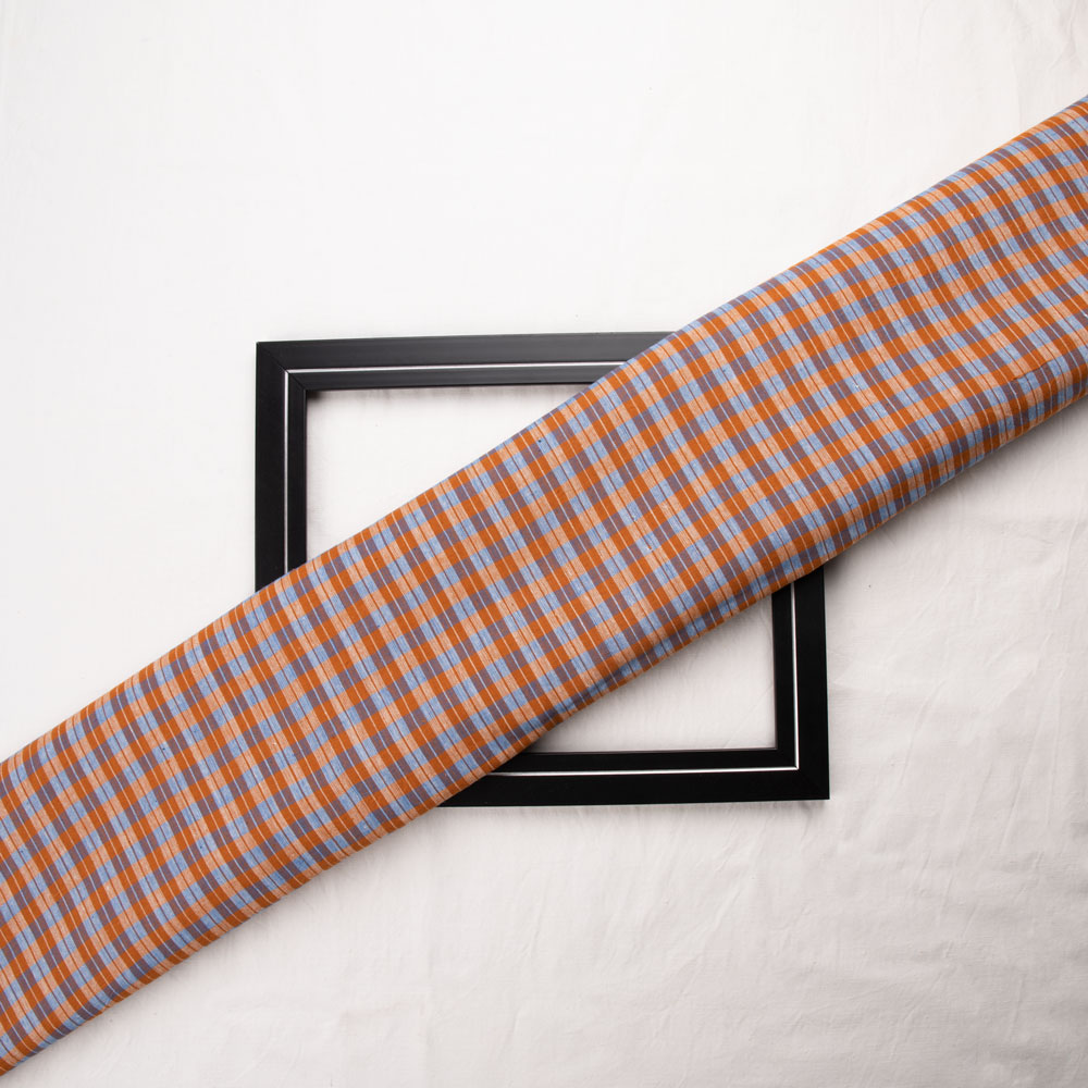 Check Orange & Blue Pure Cotton 92 GSM Handwoven Fabric 260