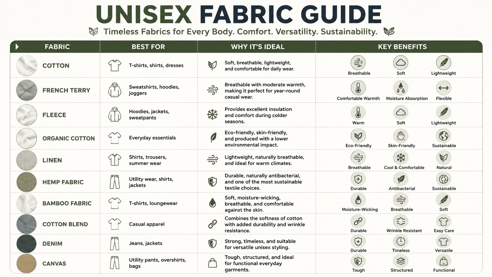 Gender neutral clothing is all about comfort, versatility, and durability, so fabrics should feel good on every body while being suitable for everyday wear.