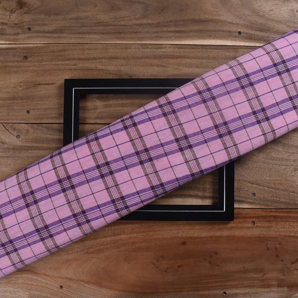Check Pink & Purple Pure Cotton 102 GSM Handwoven Fabric
