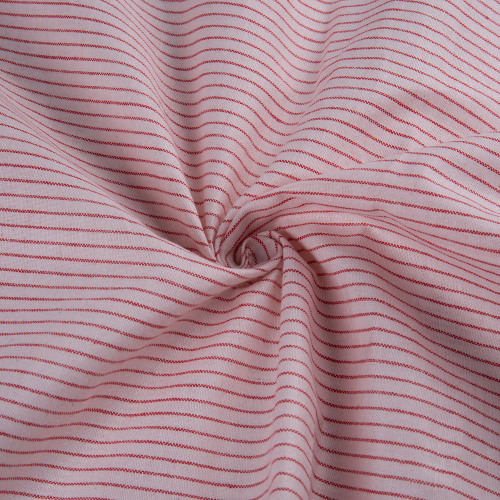 Pinstripe White & Red Pure Cotton 98 GSM Handwoven Fabric